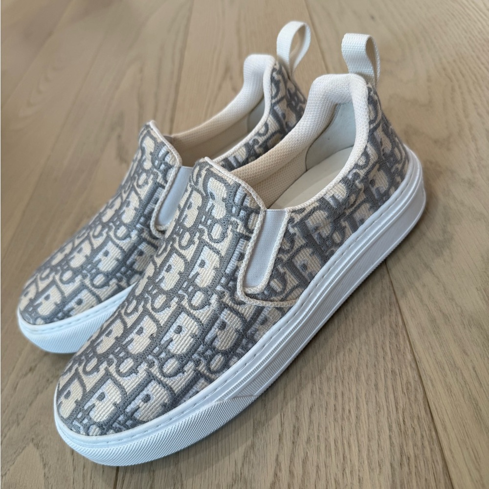 Dior Gray and White Slip-On Sneakers with Monogram Print